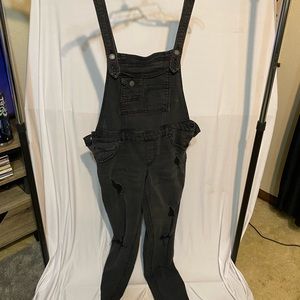 long denim distressed overall jeans